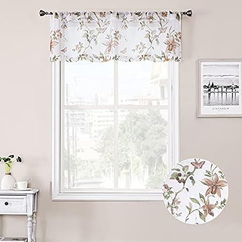 Tollpiz Floral Sheer Curtain Valance Taupe Cherry Flower Butterfly Print Living Room Valance Curtains Rod Pocket Voile White Sheer Curtain Valances for Bedroom, 54 x 16 inches Long, Set of 1 Panel Cover