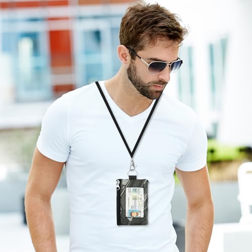 Image of Minimalist RFID Wallet with Lanyard, Multi-functional ID Case with 2 Zipper Pockets and Key Chain for Men and Women, Tactical Badge Pouch Cards Holder, Coin Purse for Travel Sports - Two-Tone