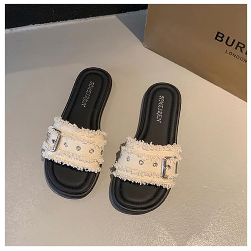 Women's Denim Tassel Buckle Decorated Cloud Platform Slides Sandals Retro Style Open-Toe Slip-On, Backless, Breathable and Non-Slip Bohemian Slippers4
