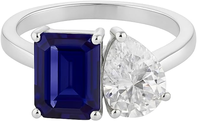 Toi et Moi 925 Sterling Silver Engagement Ring for Women – Natural Blue Sapphire & Pear Moissanite Double Stone Ring Wedding Band, Promise, or Anniversary Jewelry Gift for Her Size 4-12