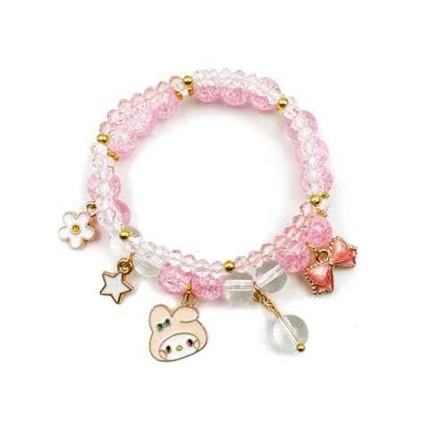 Kawaii Bracelets My Melody Bracelet Pink Cinnamoroll Crystal Beads Bracelet Set Cute Cartoon Elastic Beaded Pearl Pink Bracelets Jewelry Christmas Stocking Stuffers for Women Friendship Accessories(Pink2)