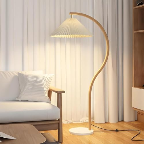 Unique Shape Floor Light, Modern 1 Light Floor Lamp, Marble Base Standard Lamp with Fabric Shade, Modern Arc Floor Lamp, Marble Floor Lamp for Bedrooms,Office(Wood)