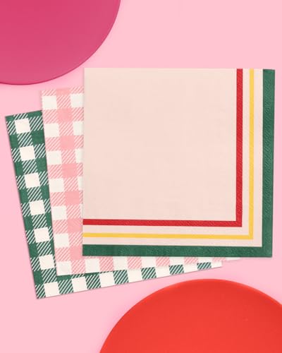 xo, Fetti Gingham Camp Napkins - 3-ply, 24 pcs | Green Cocktail Napkins, Pink Dinner Party Setting, Bachelorette Decoration, Cute Birthday Tablescape