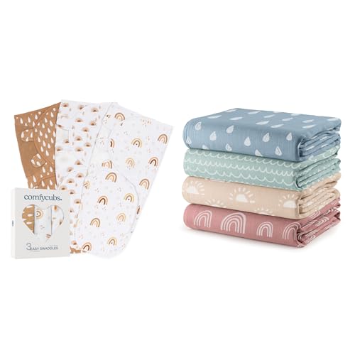 Image of Comfy Cubs Swaddle Blanket Baby Girl Boy Easy Adjustable 3 Pack and Muslin Swaddle Blankets Bundled
