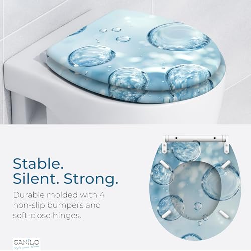 Image of Sanilo Wooden Toilet Seat with Quick Release & Soft Close [ROUND] - Decorative & Slow Close Molded Wood Seat - With One Click for Easy Installation & Cleaning - With Adjustable Fit (Bubbles)