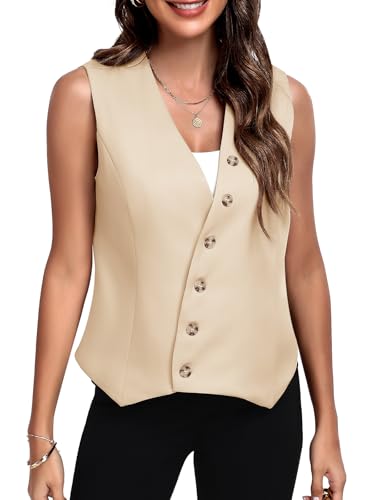 Womens Waistcoat Vest Top Sleeveless Blazers V Neck Button Up Dressy Casual Business Work Office Suit Light Khaki S3