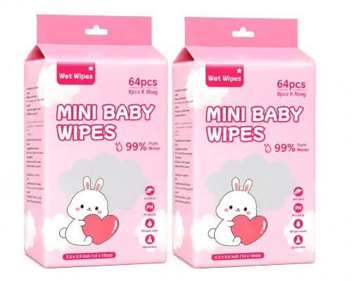 Pocket Wet Wipes 64 Count (8 Packs x 8 Wipes) | 99% Pure Water We...