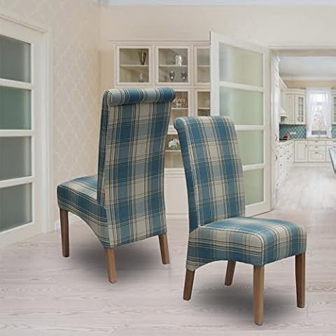 AZRBOPO Dining Chair Set, Lined Fabric High Back Dining Chairs with Solid Oak Legs, Upholstered Seat Kitchen Chairs, Load Capacity 120KG | Fully Assembled -Sea Blue Cover