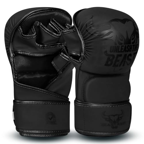 BEAST RAGE Guantes de MMA para Hombres y Mujeres, Soporte de muñeca Ajustable, Palma Abierta, Guantes de Artes Marciales, Lucha para Muay Thai, Lucha en Jaula, Combate, Taekwondo (Black, L/XL)