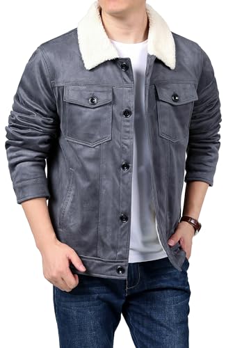 Image of LOUECHY Men's Sherpa Lined Jacket Faux Suede Trucker Jacket Fleece Warm Winter Coats
