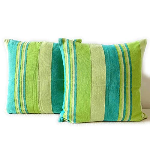 Image of RANGBHAR Handloom Cotton Cushion Covers with Concealed Top Zip, 16 x 16 inch, Green, Pack of 2