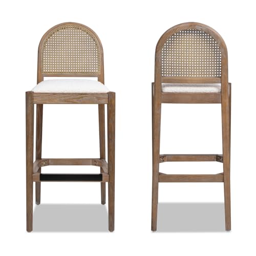 Jennifer Taylor Home Panama 30.5" Curved Back Cane Rattan Bar Stools, Set of 2, Ivory White Boucle by Jennifer Taylor Home - Used condition - US$104.67