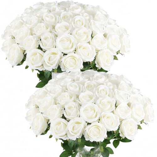 Jasion 50PCS Artificial Roses Realistic Velvet Flowers Long Stem Faux