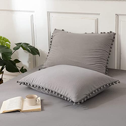 Light Grey Pom Poms Pillowcases, Grey Standard Pillowcases Set Of 2, 100% Washed Microfiber, Gray Ball Fringe Pillow Shams, 2 Pack (Standard, Light Grey) Queen #TOP4