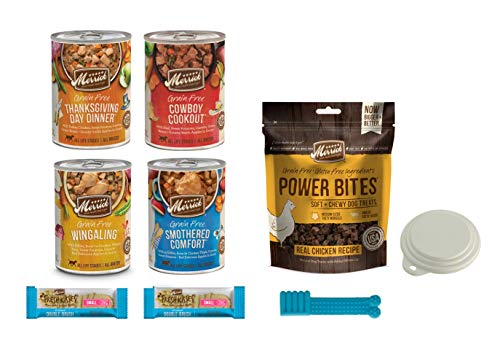 Merrick Grain Free Canned Wet Dog Food Variety Packs (4) Cans (1) can lid (2) Merrick Fresh Kisses Dog Dental chew(1) Merrick Chicken Power Bites Dog Treats (1) Dog Teeth Cleaning Toy