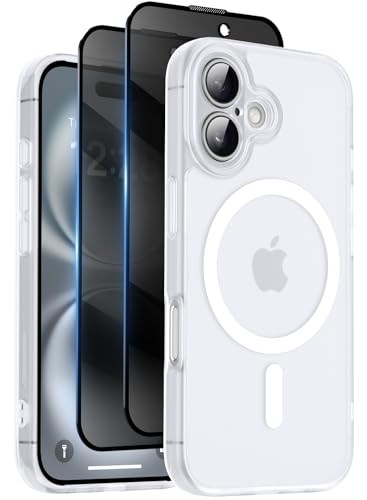 Qasyfanc Funda Magnética para iPhone 16 Compatible MagSafe con 2 Privacidad Cristal Templado Antiespia, Protección de Cámara Carcasa Translúcida Mate Trasera, Fina Antigolpes Blanco Mate