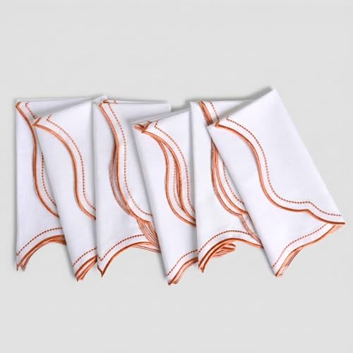 FINGERCRAFT Scallop Embroidery Cloth Napkins, Cotton, Set of 6, Soft Edge