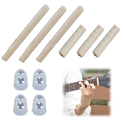 Sillín De Guitarra y Tuerca De Hueso Real, 2 Juegos Guitarra Conjunto De Cejuela Con 4 Protector De Dedos, Cejuela Puente De Guitarra Para Guitarras Acústicas y Clásicas De 6 Cuerdas Cover