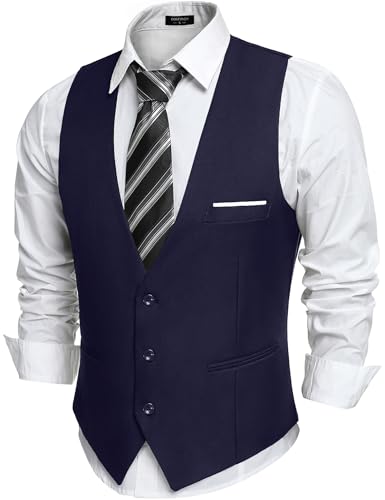 COOFANDY Chaleco Traje Hombre Negocio Sólido Chaleco Vestir Casual Cuello en V Chaleco Boda Hombre Elegante con Bolsillos Azul marino XXL