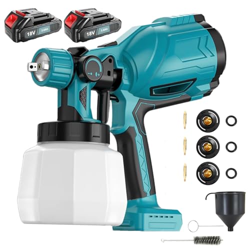 Fence Sprayer with 2 x 3000mAh Li-Ion batteries, cordless paint sprayer, 1000ml water tank, 4 nozzles and 2 cleaning tools, 3-mode battery gun for walls and ceilings, fences, wood.