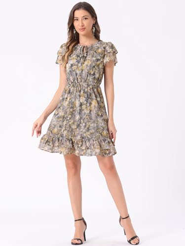 Image of Allegra K Women's Ruffle Sleeve Self-Tie V Neck Flowy Ruffled A-Line Floral Chiffon Dress