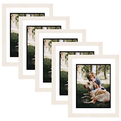 Golden State Art, 11X14 Distressed White Picture Frame Display Picture 8.5X11 With White Over Black Double Mat Or 11X14 Without Mat (Wall Display), Made Of Pine Pine Wood Picture Frame With Tempered Glass, 5 Pack #TOP13