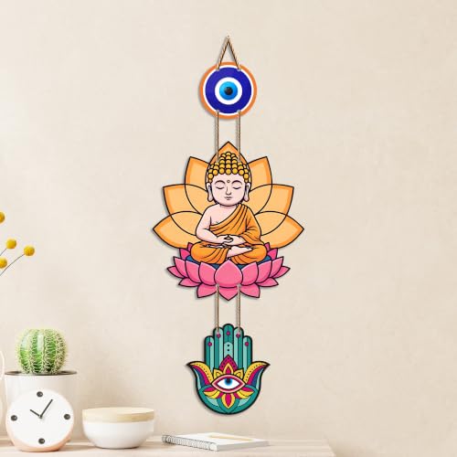 Image of Artvibes Buddha Lotus Wall Hanging with Evil Eye and Hamsa Hand | Spiritual Meditation Decor for Positive Energy & Mindfulness | Decorative Hanging for Living Room | Yoga Room and Entrance (WH 8593N)