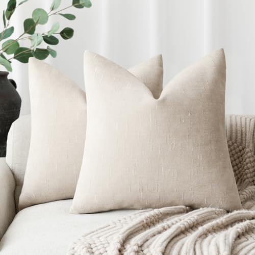 Image of Foindtower Pack of 2 Soft Textured Throw Decorative Pillow Covers Square Accent Solid Cushion Cover Cozy Farmhouse Pillow Case with Zipper for Couch Sofa Bedroom Living Room 20x20 Inch, Light Beige