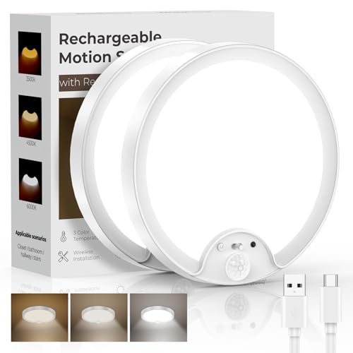 Fizrice Motion Sensor Flush Mount Ceiling Light 2 Pack, 8000mAh 500LM Battery Operated Wireless LED Fixture with Remote Control & Stepless Dimming for Closet Shower Stairs Shed Hallway