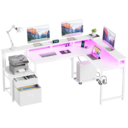 YOUDENOVA Bureau d'angle avec tiroirs, en forme de L, 168 x 100 cm, table de jeu, avec LED, avec prise et port de charge USB, blanc
