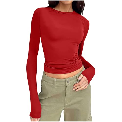 Camiseta de Manga Larga Mujer Slim Fit Moda Casual Color sólido Camisa Crop Tops Primavera Verano Sexy Cuello Redondo Tops Fiesta T-Shirt Original Basic tee Camisetas Blusa