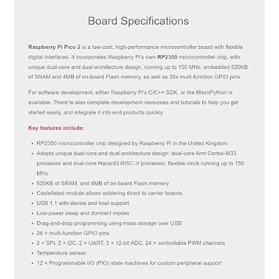Raspb Pi Pico 2 Microcontroller Board, Based on Official RP2350 Chip, Dual-core & Dual-Architecture Design, Various Development Kit Options (RPi Pico 2)