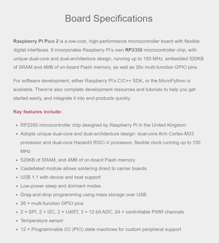 Raspb Pi Pico 2マイクロコントローラーボード、公式RP2350チップ、デュアルコア&デュアルアーキテクチャデザイン、さまざまな開発キットオプション(RPi Pico 2)。