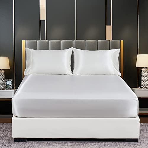 JHCHMX Satin Double White Fitted Sheet ,Deep Pocket Silkly Double Bed Sheet,Soft Satin& Wrinkle Resistant Fitted Bed Sheet White Double 135x190cm