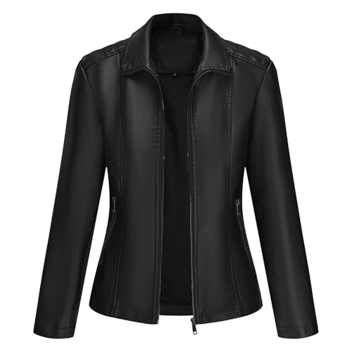 YYNUDA Lederjacke Damen Elastischer Stoff PU Bikerjacke Reißverschluss Einfarbig Leder Stehkragen Motoradjacke Schwarz L