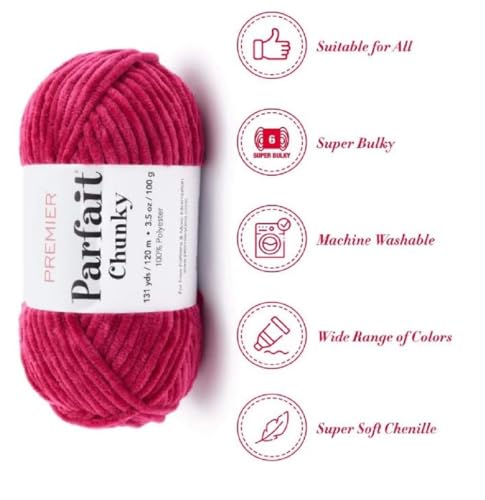 Image of Premier Yarns Parfait Chunky Chenille Yarn 3.5 Oz 6 Super Bulky Weight 3 Pack Bundle with Bella's Stitch Place Holders (Very Berry)