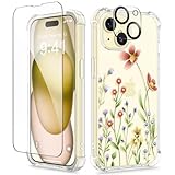 GVIEWIN for iPhone 15 Plus Case, [3 in 1] with Screen Protector & Camera Lens Protector, Clear Soft Shockproof Slim Fit Floral Phone Cover for Women Girls 2023 6.7' (Aconite/Pink)