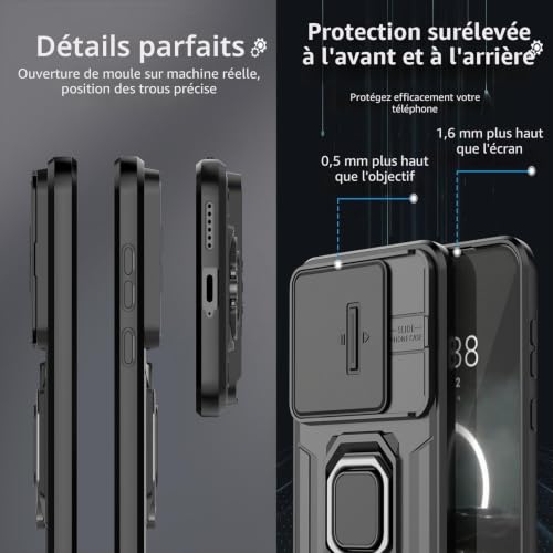 BORYA Coque pour Honor 400, Antichoc Prime Silicone Souple TPU+PC Housse, Militaire Anti-Chute Étui avec 360°Métal Support et Coulissant Caméra Couvercle. Noir – vue 6