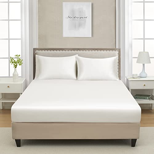 Full Silk Satin Fitted Sheet, Soft Deep Pocket Single Bottom Bed Sheets Sold Separately, Wrinkle Free, Non- Fading, Breathable, Fully Elasticized(Full Size, White) #TOP1