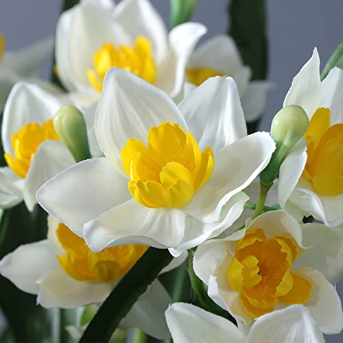 Firlar 2Pcs Artificial Daffodils Flowers Bouquet, 23.6Inch Faux Narcissus Flower Branch With Green Leaves, Fake Spring Silk Daffodil Flower Stems Bundles Arrangement Vase Filler Home Decor, White #TOP4