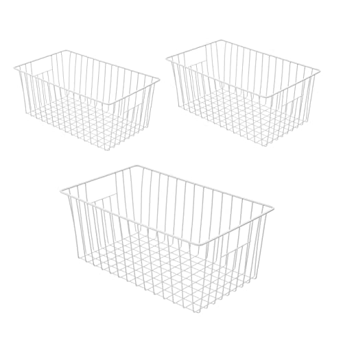 Large Wire Storage Baskets Freezer Baskets Organizer, Refrigerator Metal Wire Storage Divider, Wire Storage Basket with Handles for Kitchen, Pantry, Cabinet, Closets – Set of 3 (3, 16in x 10in x 7in)