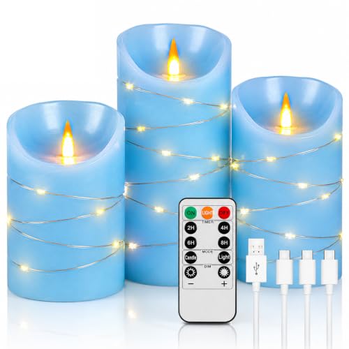 Image of Rechargeable LED Candles, Real Wax, 4 5 6 in, Sky Blue, 3 Pack | USB Rechargeable Real Wax Candles with Remote, Timer and Star Lights
