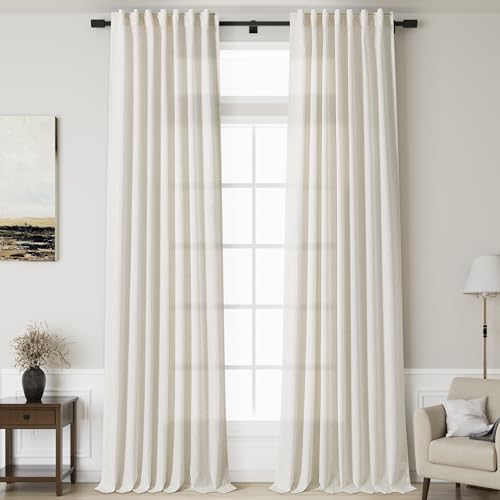 Image of Nanspring 144 Inch Long Curtains 2 Panels for Living Room Back Tab Neutral Farmhouse Extra Long Drapes Semi Sheer Linen Curtain 144 inches Long for Floor to Ceiling High Window Patio Sliding Door