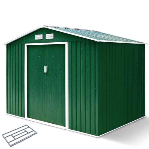 RELAX4LIFE Casetta da Giardino per Attrezzi, 213 x 127 x 185 cmin Lamiera d'Acciaio e e Lamiera Zincata con Doppie Porte Scorrevoli, Tetto Inclinato, per Porta Attrezzi, Tosaerba, Verde