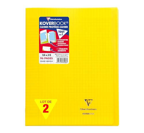 Clairefontaine 981406AMZC Un lot de 2 Cahiers Agrafés Koverbook 24x32 cm - 96 Pages Grands Carreaux - Papier Blanc 90 g - Couverture Polypro - Couleur : Jaune
