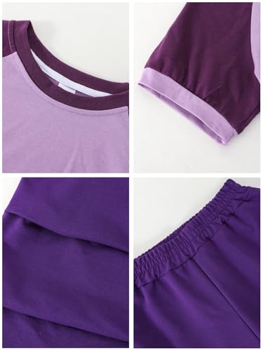 Vitalique Girls Clothes 2 Piece Sets Size 13 14Y Color Block Short Sleeve Top Pleated Cargo Pants with Pockets Casual Cool Clothing Spring Fall Outfits Purple (13-14Y)