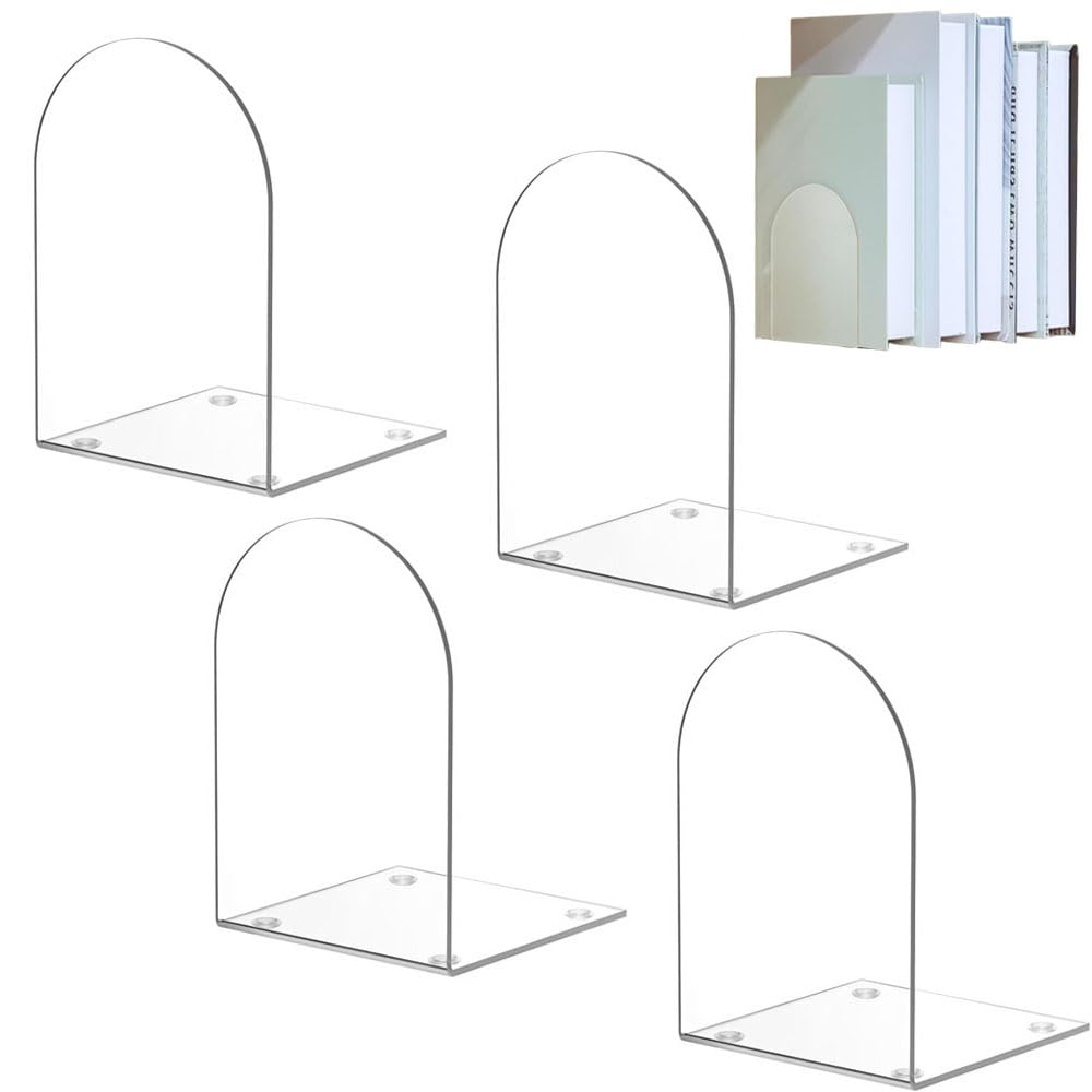 Goodern Acrylic Bookends,4 PCS Clear Acrylic Books Ends for Shelves Library Bookshelf Organizer Decorative Bookends Non-Skid L Shaped Kids Desktop Decor Storage Books Holder for Home Office School