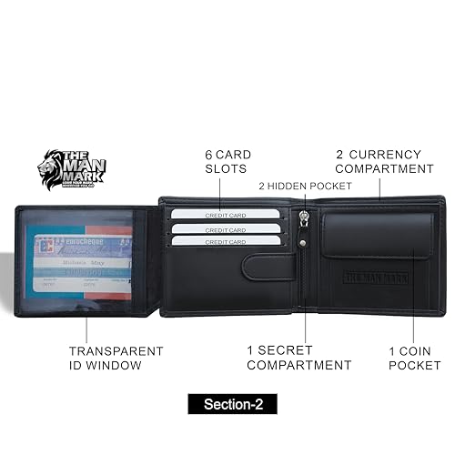 Image of Mens Wallets - Full Grain Original Leather RFID Wallet for Men, 6 Card Slots, 1 Coin Pocket, 1 ID Window, Zip Pocket /Card & Cash Holder & 1 Secret Comapartment (Large, Black)