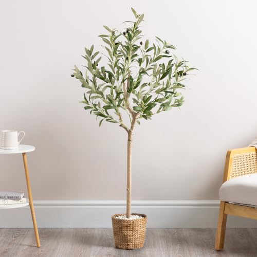 Image of Christow Artificial Olive Tree 4ft, Indoor Outdoor House Plant Decoration with Realistic Olives & Feel-Real PEVA Leaves, Pre-Potted in Weighted Pot with White Stones, 120cm
