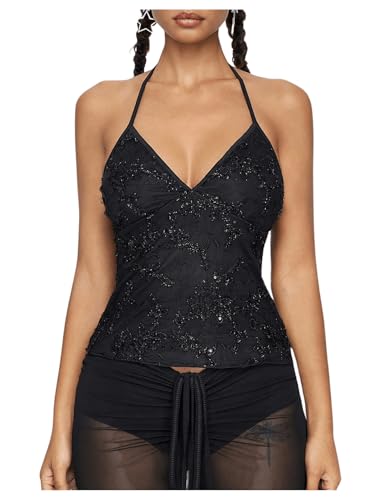 SHENHE Women's Halter Top Sparkly Glitter V Neck Party Crop Tops Club Rave Festival Outfits Black Medium